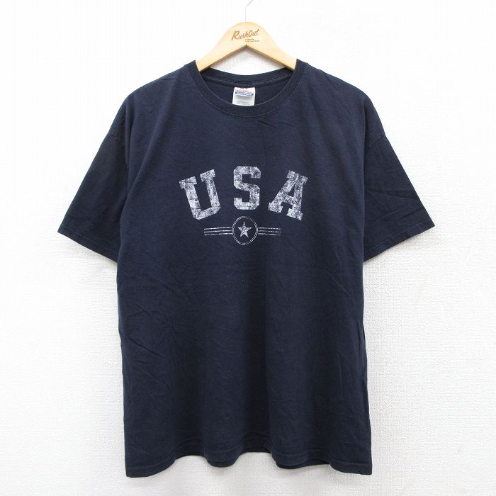XL★古着 ヘインズ Hanes 半袖 ビンテージ Tシャツ メンズ 00年代 00s USAロゴ コットン クルーネック 紺 ネイビー 25aug21 中古