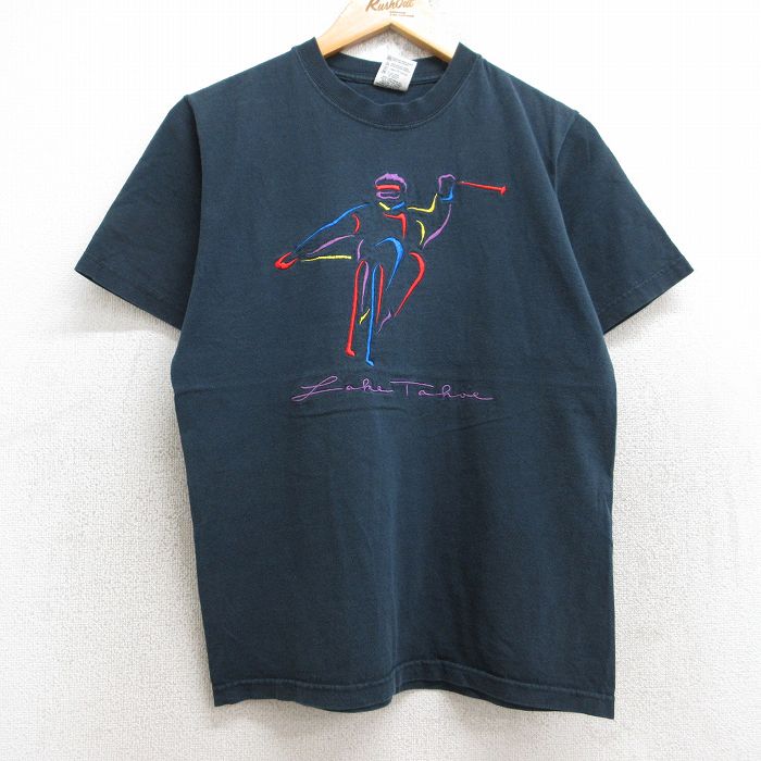 【50%OFF】S★古着 半袖 ビンテージ Tシャツ メンズ 00年代 00s スキー 刺繍 コットン クルーネック 黒 ブラック 25aug22 中古