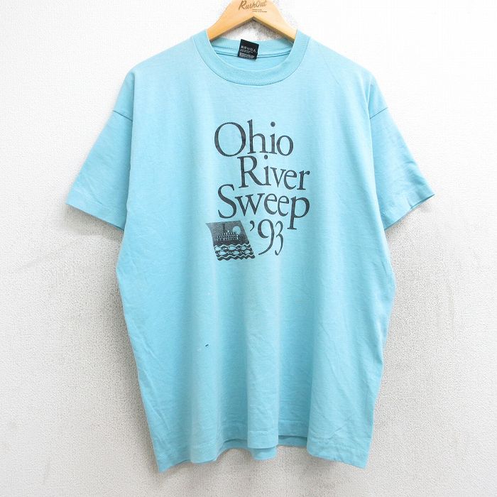 XL★古着 スクリーンスターズ 半袖 ビンテージ Tシャツ メンズ 90年代 90s オハイオ 企業広告 クルーネック USA製 水色 25aug22 中古