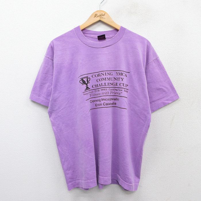 【50%OFF】XL★古着 フルーツオブザルーム 半袖 ビンテージ Tシャツ メンズ 90年代 90s トロフィー YMCA クルーネック USA製 紫 パープル 25aug22 中古