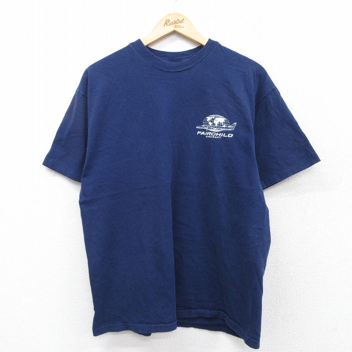 ヘインズ 90s 半袖Tシャツ 飛行機フェアチャイルド ネイビー L | 古着