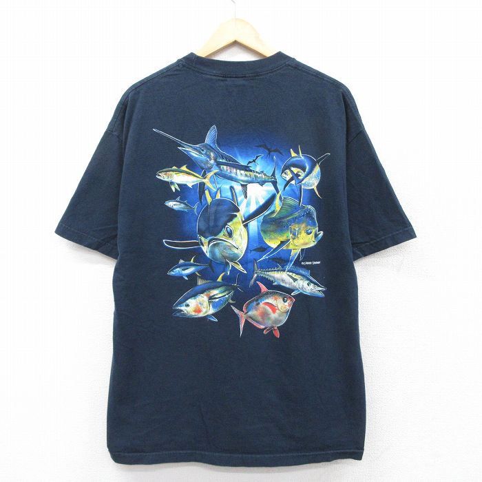 XL★古着 半袖 ビンテージ Tシャツ メンズ 90年代 90s 魚 胸ポケット付き コットン クルーネック USA製 紺 ネイビー 25aug22 中古