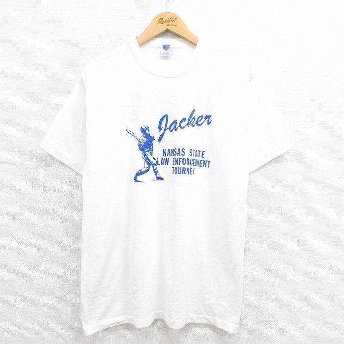 L★古着 ラッセル 半袖 ビンテージ Tシャツ メンズ 80年代 80s Jacker クルーネック USA製 白 ホワイト 【spe】 25aug22 中古