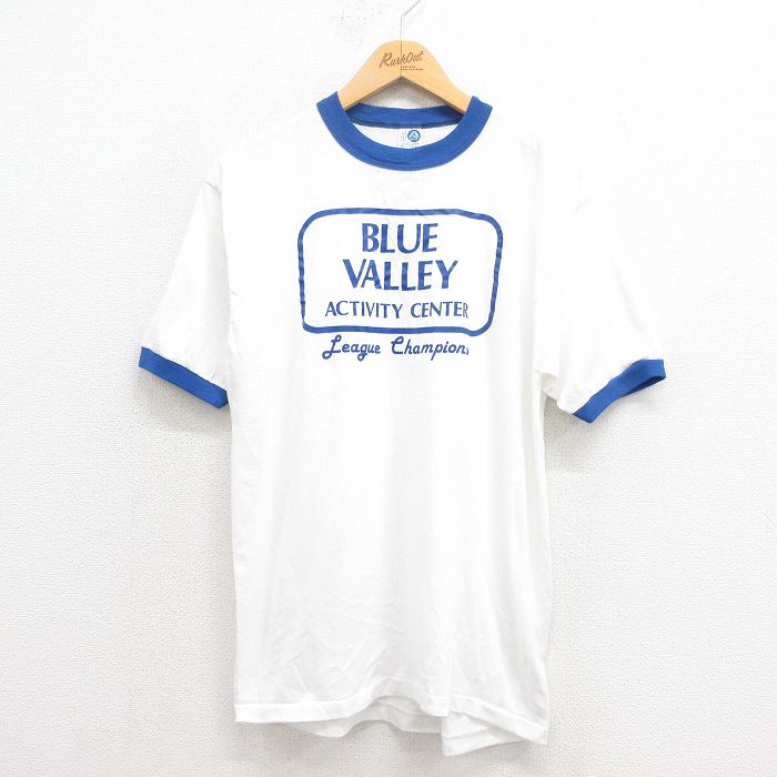 M★古着 ARTEX 半袖 ビンテージ Tシャツ メンズ 80年代 80s BLUE クルーネック USA製 白 ホワイト リンガー 25aug22 中古