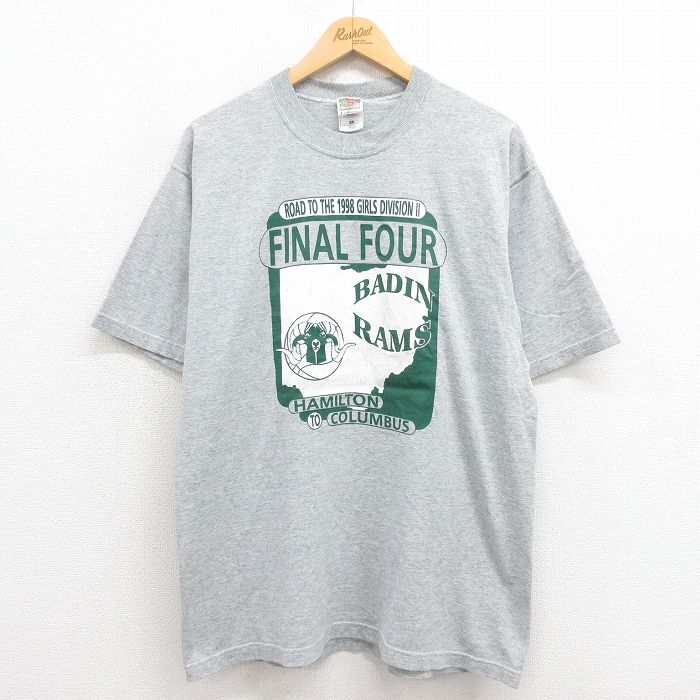 L★古着 フルーツオブザルーム 半袖 ビンテージ Tシャツ メンズ 90年代 90s ラムズ クルーネック USA製 グレー 霜降り 25aug22 中古