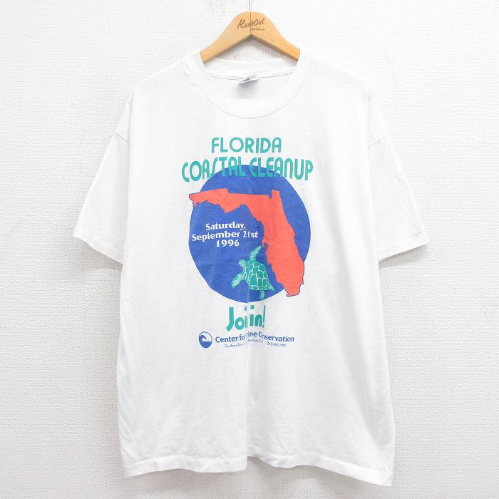 XL★古着 ヘインズ Hanes 半袖 ビンテージ Tシャツ メンズ 90年代 90s フロリダ 企業広告 クルーネック USA製 白 ホワイト 【spe】 25aug23 中古