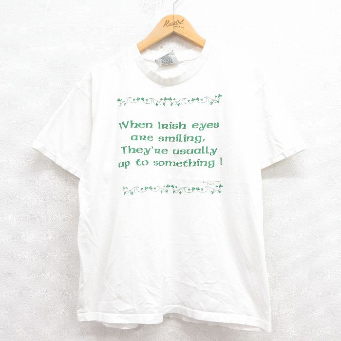 【50%OFF】L★古着 リー Lee 半袖 ビンテージ Tシャツ メンズ 90年代 90s メッセージ コットン クルーネック USA製 白 ホワイト 25aug23 中古