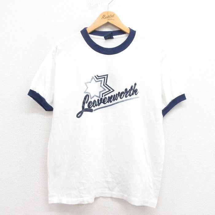 【20%OFF】L★古着 半袖 ビンテージ Tシャツ メンズ 80年代 80s 星 クルーネック USA製 白 ホワイト リンガー 25aug23 中古
