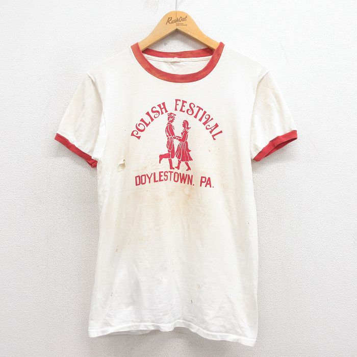 M★古着 半袖 ビンテージ Tシャツ メンズ 70年代 70s POLISH ボロ コットン USA製 白 ホワイト リンガー 25aug23 中古