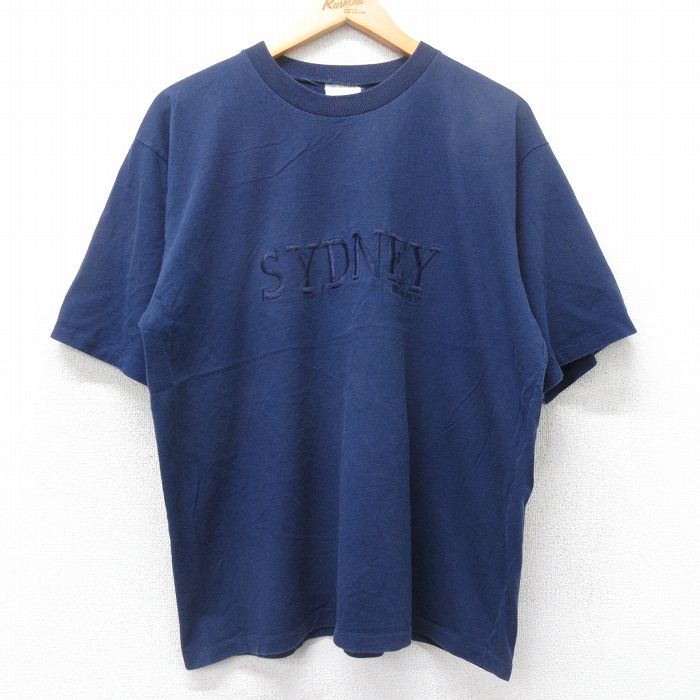 XL★古着 半袖 ビンテージ Tシャツ メンズ 90年代 90s シドニー オーストラリア 刺繍 コットン クルーネック 紺 ネイビー 25aug25 中古