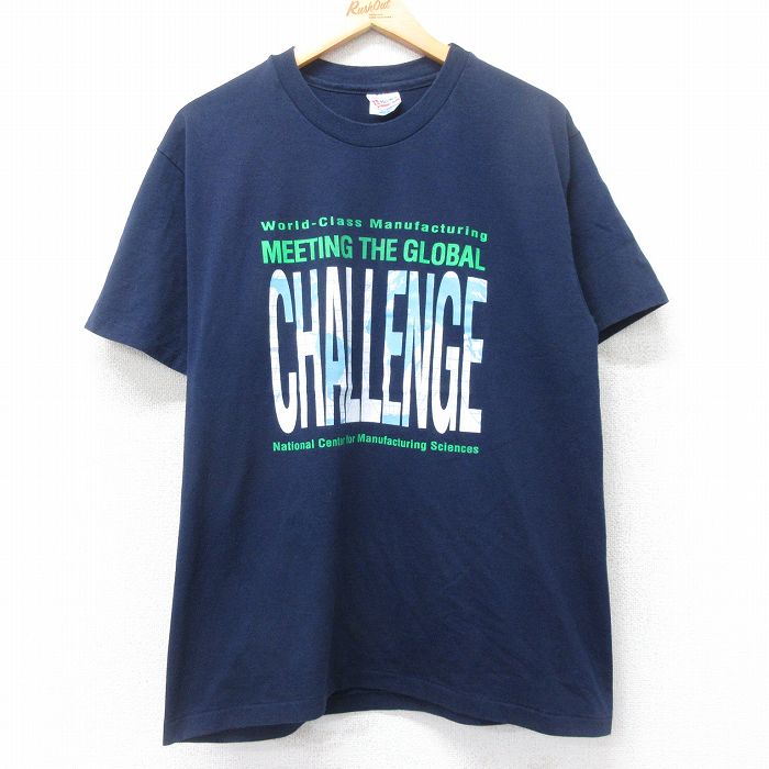 L★古着 ヘインズ Hanes 半袖 ビンテージ Tシャツ メンズ 90年代 90s CHALLENGE クルーネック USA製 紺 ネイビー 25aug25 中古