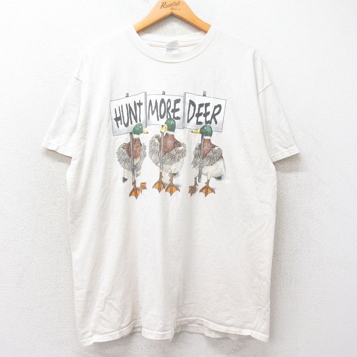 XL★古着 半袖 ビンテージ Tシャツ メンズ 00年代 00s 鳥 HUNT 大きいサイズ コットン クルーネック 生成り 25aug25 中古