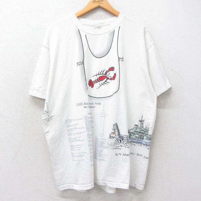 XL★古着 半袖 ビンテージ Tシャツ メンズ 00年代 00s ロブスター 船 マルチ プリント 大きいサイズ コットン クルーネック 白 ホワイト 【spe】 25aug25 中古