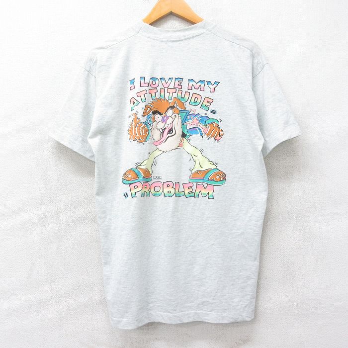 L★古着 スクリーンスターズ 半袖 ビンテージ Tシャツ メンズ 90年代 90s 犬 PROBLEM クルーネック USA製 薄グレー 霜降り 25aug25 中古