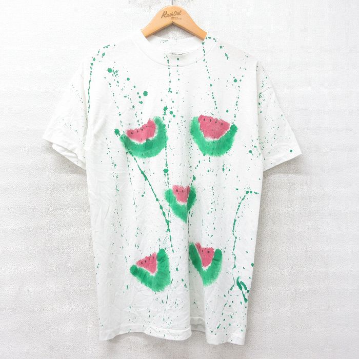 L★古着 半袖 ビンテージ Tシャツ メンズ 80年代 80s スイカ クルーネック USA製 白他 ホワイト 25aug26 中古