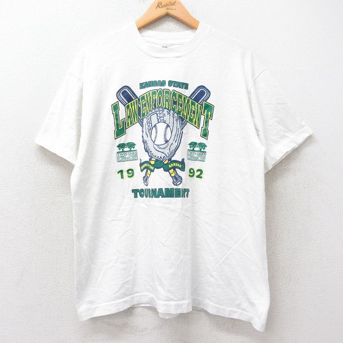 XL★古着 フルーツオブザルーム 半袖 ビンテージ Tシャツ メンズ 90年代 90s LAW ENFORCEMENT 野球 コットン クルーネック USA製 白 ホワイト 25aug26 中古
