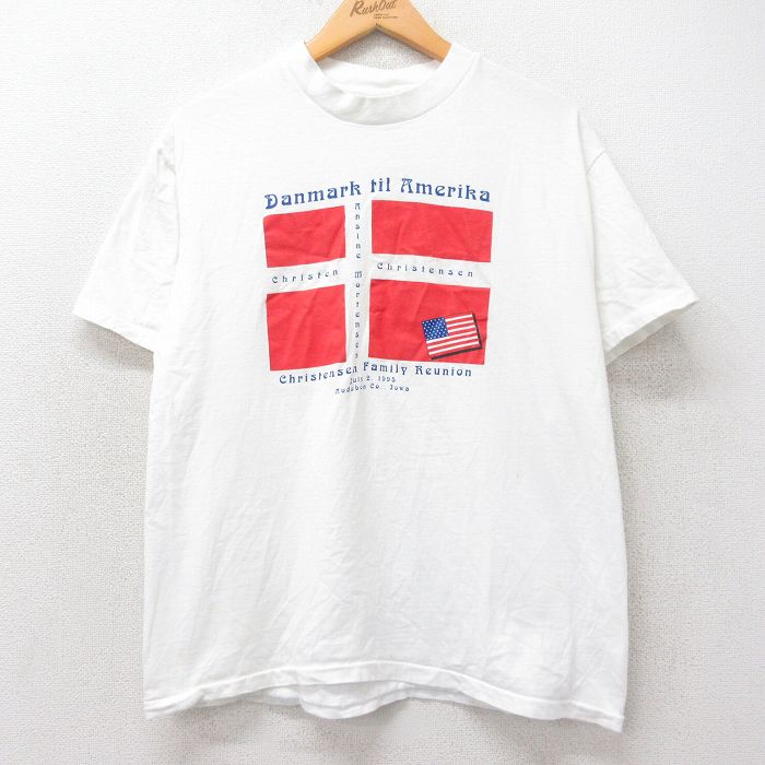 【20%OFF】L★古着 ヘインズ Hanes 半袖 ビンテージ Tシャツ メンズ 90年代 90s デンマーク 星条旗 コットン クルーネック USA製 白 ホワイト 【spe】 25aug26 中古