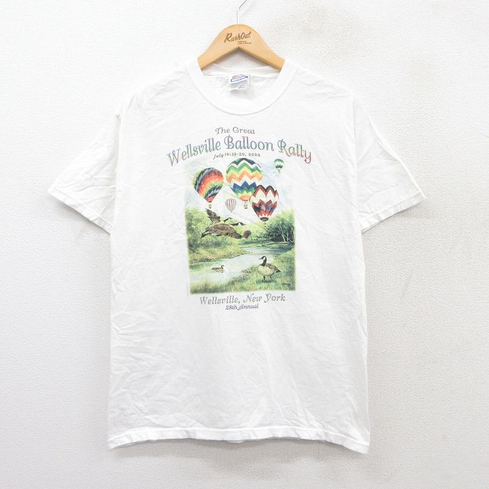 M★古着 ヘインズ Hanes 半袖 ビンテージ Tシャツ メンズ 00年代 00s 鳥 気球 コットン クルーネック 白 ホワイト 25aug26 中古
