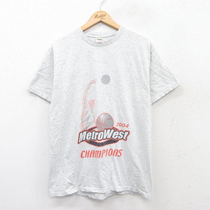 L★古着 フルーツオブザルーム 半袖 ビンテージ Tシャツ メンズ 00年代 00s Metro West バスケットボール クルーネック 薄グレー 霜降り 25aug26 中古
