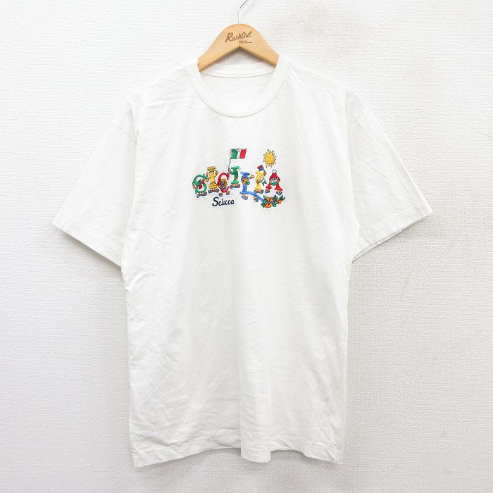 L★古着 半袖 ビンテージ Tシャツ メンズ 90年代 90s SICILIA 刺繍 クルーネック 白 ホワイト 【spe】 25aug26 中古