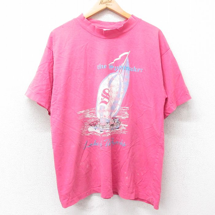 L★古着 半袖 ビンテージ Tシャツ メンズ 90年代 90s Spinnaker ヨット コットン モックネック ハイネック USA製 ピンク 25aug26 中古