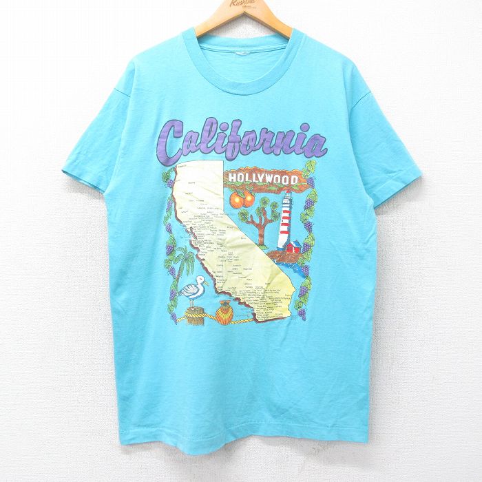 L★古着 半袖 ビンテージ Tシャツ メンズ 90年代 90s カリフォルニア ハリウッド クルーネック 水色 25aug26 中古