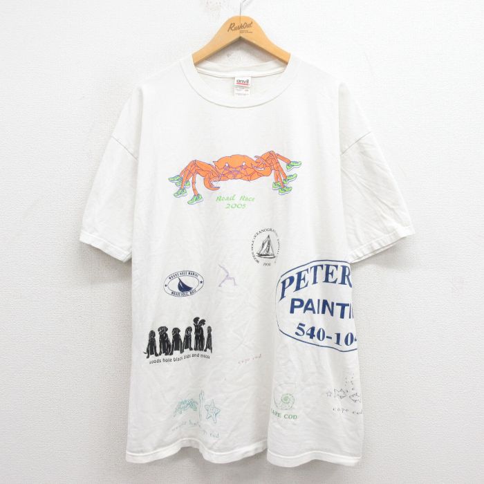 XL★古着 半袖 ビンテージ Tシャツ メンズ 00年代 00s カニ マルチプリント 大きいサイズ コットン クルーネック 白 ホワイト 25aug26 中古