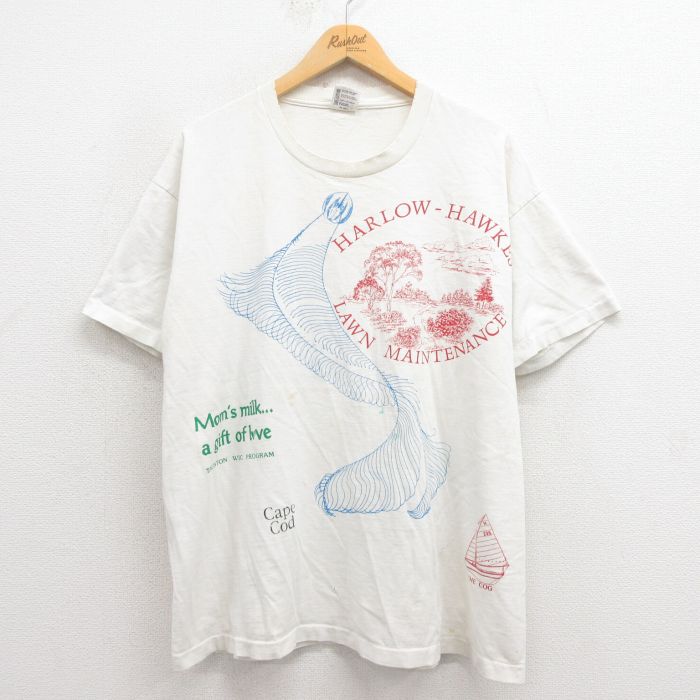 XL★古着 半袖 ビンテージ Tシャツ メンズ 90年代 90s クラゲ マルチプリント コットン クルーネック USA製 白 ホワイト 【spe】 25aug26 中古