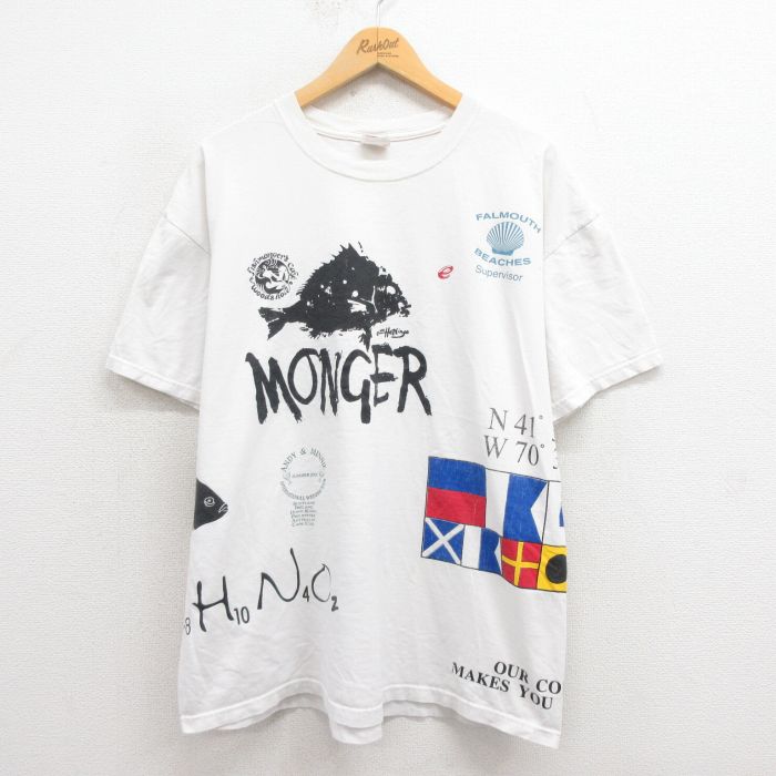 XL★古着 半袖 ビンテージ Tシャツ メンズ 00年代 00s 魚 マルチプリント 大きいサイズ コットン クルーネック 白 ホワイト 【spe】 25aug26 中古