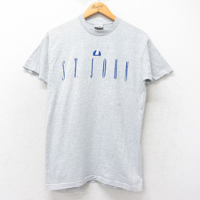 【50%OFF】M★古着 半袖 ビンテージ Tシャツ メンズ 90年代 90s ST JOHN コットン クルーネック USA製 グレー他 ボーダー 25aug27 中古