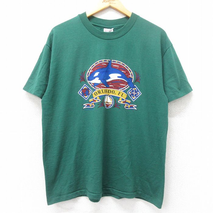 XL★古着 ヘインズ Hanes 半袖 ビンテージ Tシャツ メンズ 90年代 90s シャチ クルーネック 緑 グリーン 【spe】 25aug27 中古