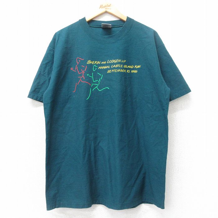 XL★古着 オニータ ONEITA 半袖 ビンテージ Tシャツ メンズ 90年代 90s RUN コットン クルーネック USA製 緑 グリーン ボーダー 25aug27 中古