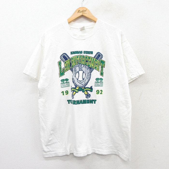 XL★古着 フルーツオブザルーム 半袖 ビンテージ Tシャツ メンズ 90年代 90s KANSAS 野球 コットン クルーネック USA製 白 ホワイト 25aug27 中古