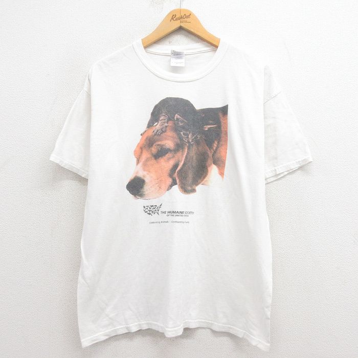 L★古着 半袖 ビンテージ Tシャツ メンズ 00年代 00s 犬 コットン クルーネック 白 ホワイト 25aug27 中古