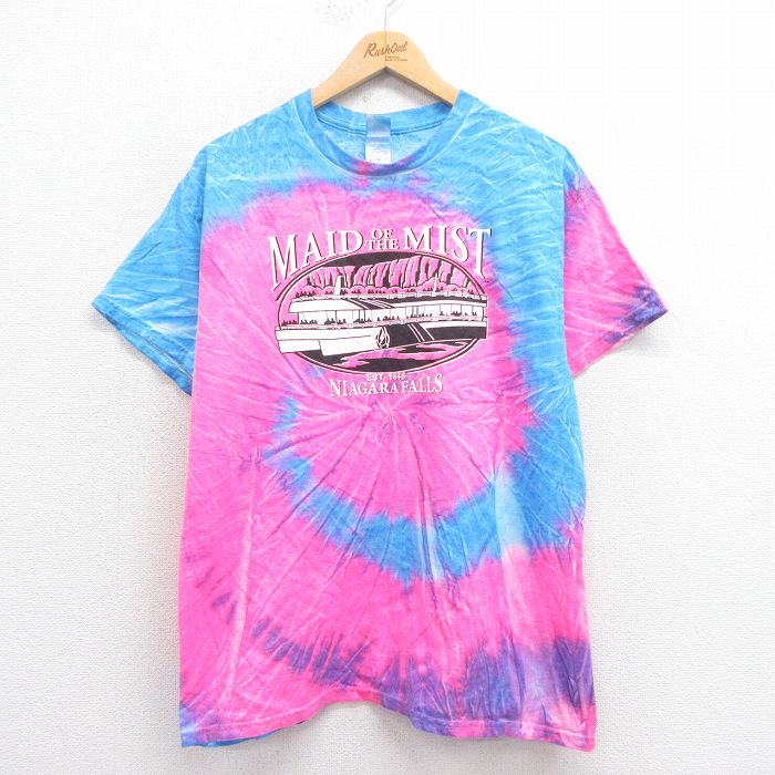 【20%OFF】L★古着 半袖 ビンテージ Tシャツ メンズ 00年代 00s 船 コットン クルーネック ピンク タイダイ 25aug27 中古