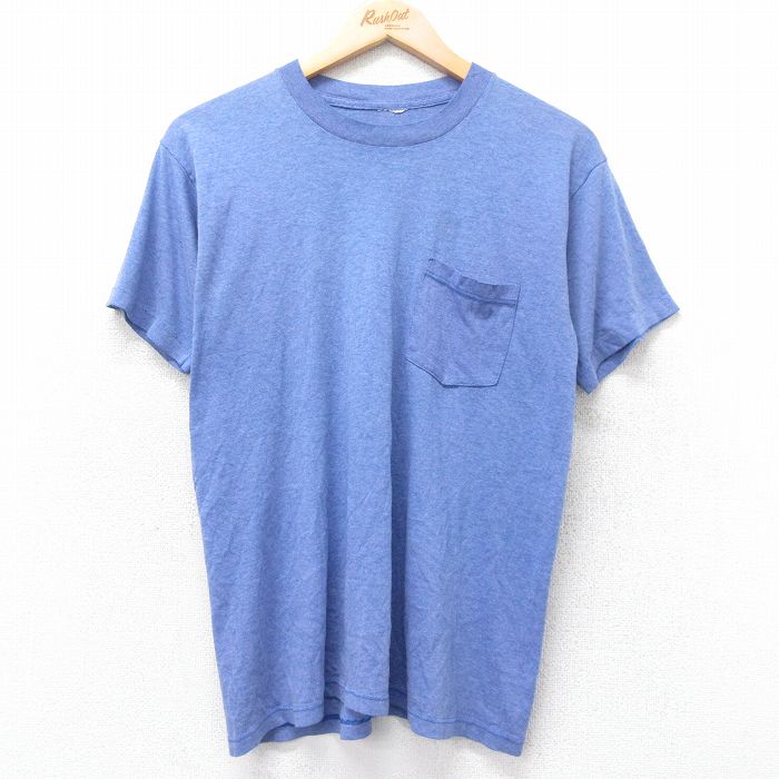 【50%OFF】M★古着 半袖 ビンテージ Tシャツ メンズ 90年代 90s 無地 胸ポケット付き クルーネック 薄紺 ネイビー 霜降り 25aug27 中古