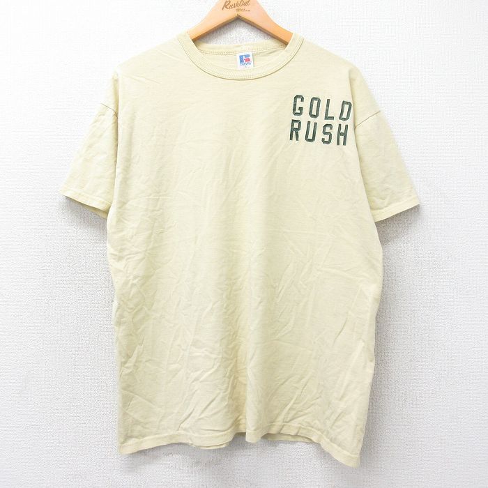 XL★古着 ラッセル 半袖 ビンテージ Tシャツ メンズ 80年代 80s GOLD RUSH コットン クルーネック USA製 薄黄 イエロー 25aug27 中古