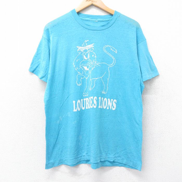 L★古着 半袖 ビンテージ Tシャツ メンズ 80年代 80s ライオン クルーネック 水色 霜降り 25aug27 中古