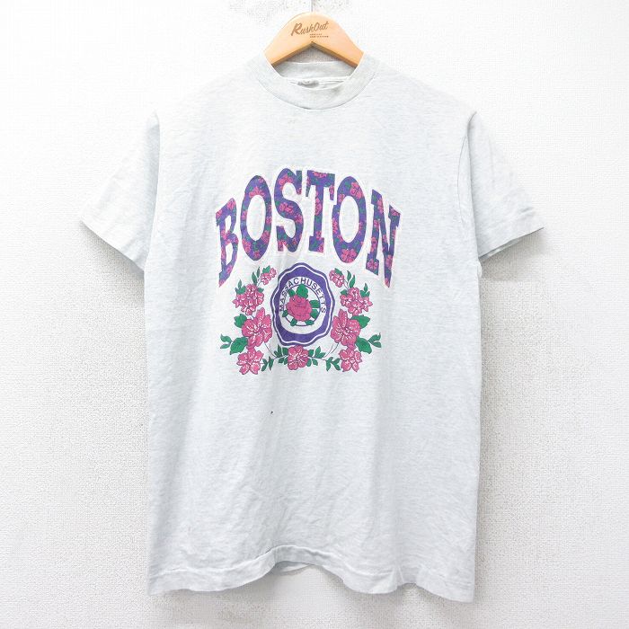 M★古着 半袖 ビンテージ Tシャツ メンズ 90年代 90s ボストン 花 クルーネック USA製 薄グレー 霜降り 25aug27 中古