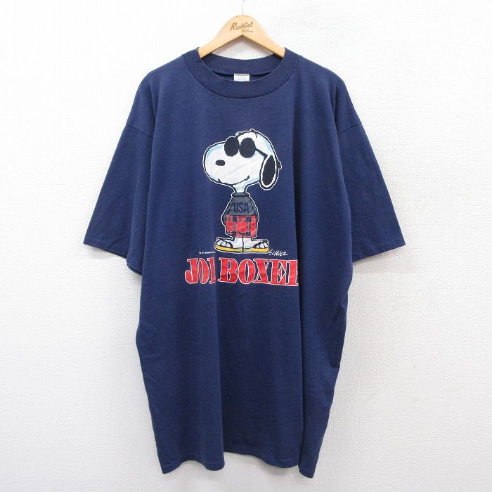 XL★古着 半袖 ビンテージ Tシャツ メンズ 90年代 90s ピーナッツ スヌーピー SNOOPY 大きいサイズ ロング丈 クルーネック USA製 紺 ネイビー 【spe】 25aug27 中古