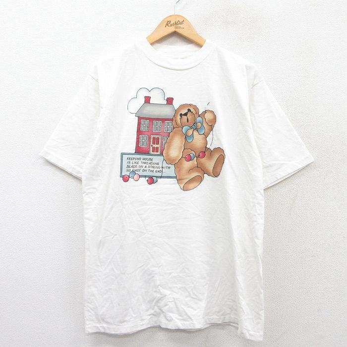 L★古着 半袖 ビンテージ Tシャツ メンズ 90年代 90s テディベア コットン クルーネック USA製 白 ホワイト 25aug27 中古