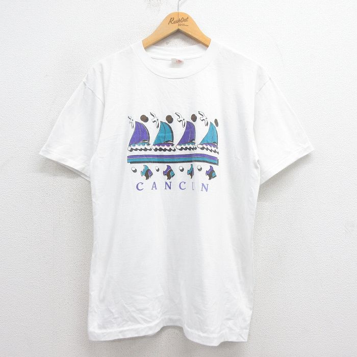 L★古着 半袖 ビンテージ Tシャツ メンズ 90年代 90s カンクン クルーネック 白 ホワイト 25aug27 中古