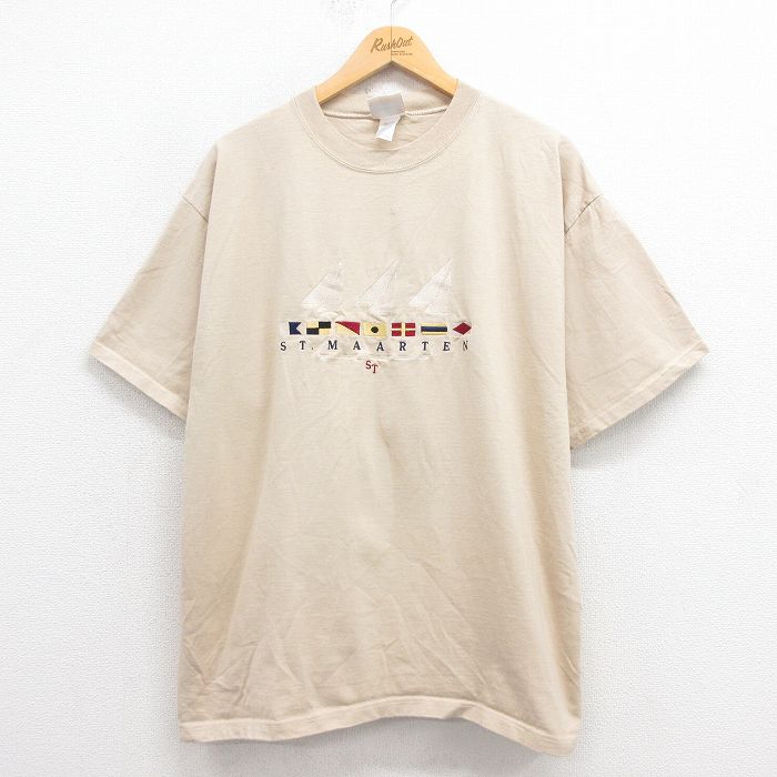 XL★古着 半袖 ビンテージ Tシャツ メンズ 90年代 90s ヨット 刺繍 コットン クルーネック USA製 ベージュ カーキ 25aug27 中古