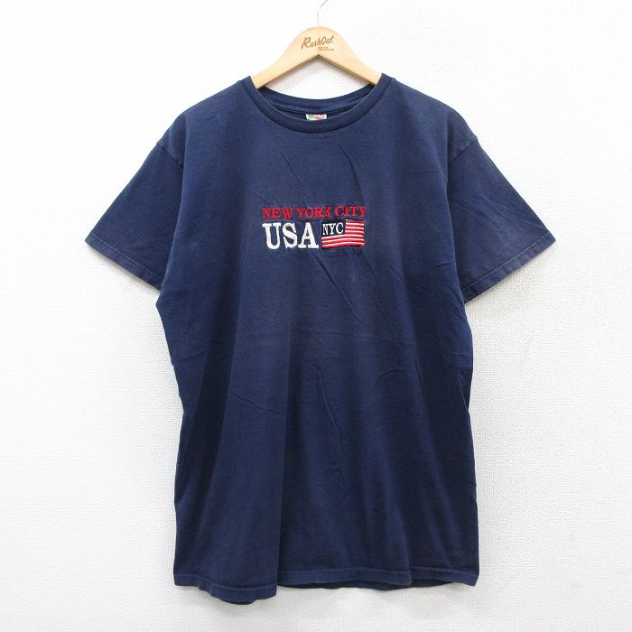 XL★古着 フルーツオブザルーム 半袖 ビンテージ Tシャツ メンズ 00年代 00s USAロゴ 星条旗 刺繍 コットン クルーネック 紺 ネイビー 25aug27 中古