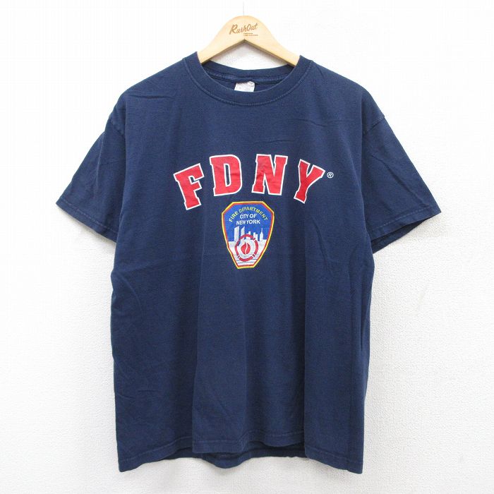 L★古着 半袖 ビンテージ Tシャツ メンズ 00年代 00s 消防署 コットン クルーネック 紺 ネイビー 25aug27 中古
