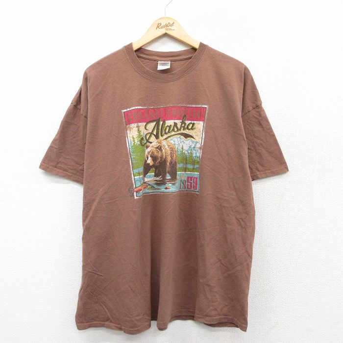 【50%OFF】XL★古着 半袖 ビンテージ Tシャツ メンズ 00年代 00s アラスカ クマ 大きいサイズ コットン クルーネック 茶 ブラウン 25aug27 中古