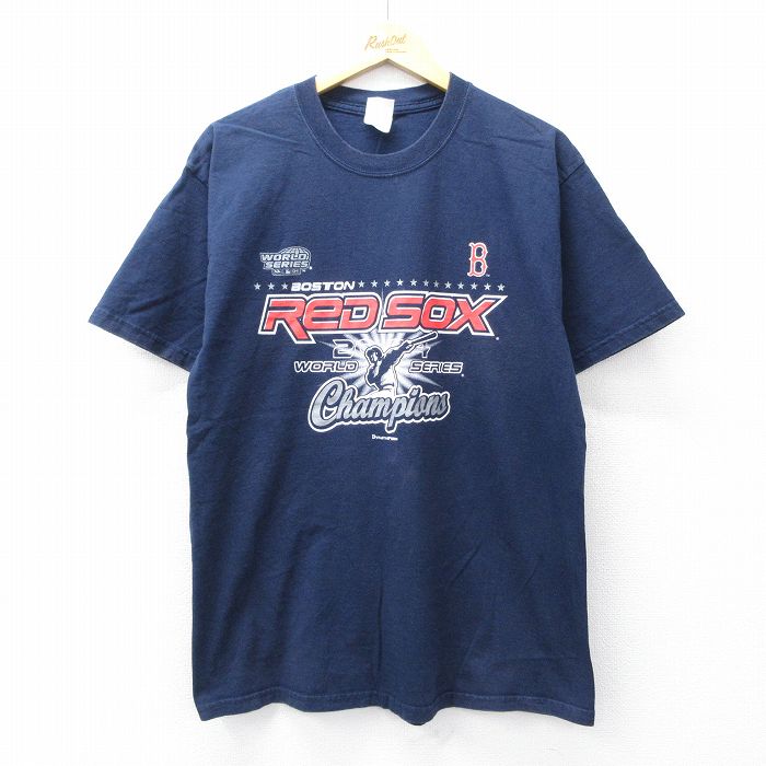 L★古着 半袖 ビンテージ Tシャツ メンズ 00年代 00s MLB ボストンレッドソックス コットン クルーネック 紺 ネイビー メジャーリーグ ベースボール 野球 25aug27 中古