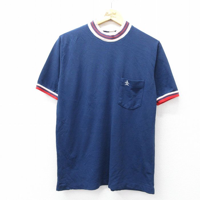 L★古着 マンシングウェア 半袖 ビンテージ Tシャツ メンズ 80年代 80s 胸ポケット付き クルーネック 紺 ネイビー 25aug27 中古