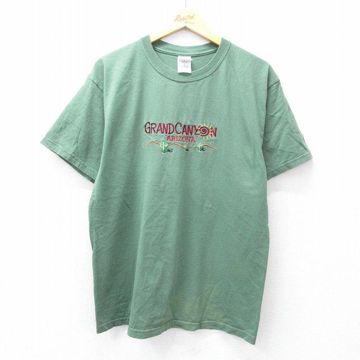L★古着 半袖 ビンテージ Tシャツ メンズ 00年代 00s グランドキャニオン アリゾナ 刺繍 コットン クルーネック 緑 グリーン 25aug27 中古