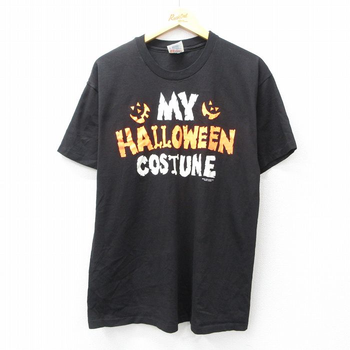 L★古着 ヘインズ Hanes 半袖 ビンテージ Tシャツ メンズ 90年代 90s HALLOWEEN コットン クルーネック 黒 ブラック 25aug27 中古